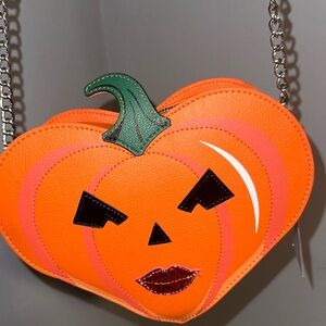 Betsey Johnson Halloween Pumpkin Heart Shaped Purse with Red Glitter lips